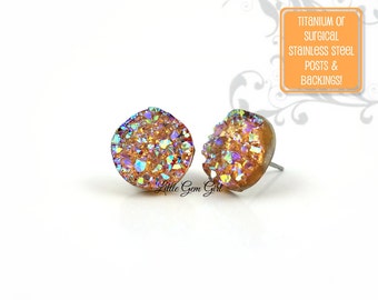 Peach Glitter Stud Earrings - Rainbow Color Changing Golden Orange Crystal Faux Druzy Post Earrings - Titanium or Stainless Steel Studs