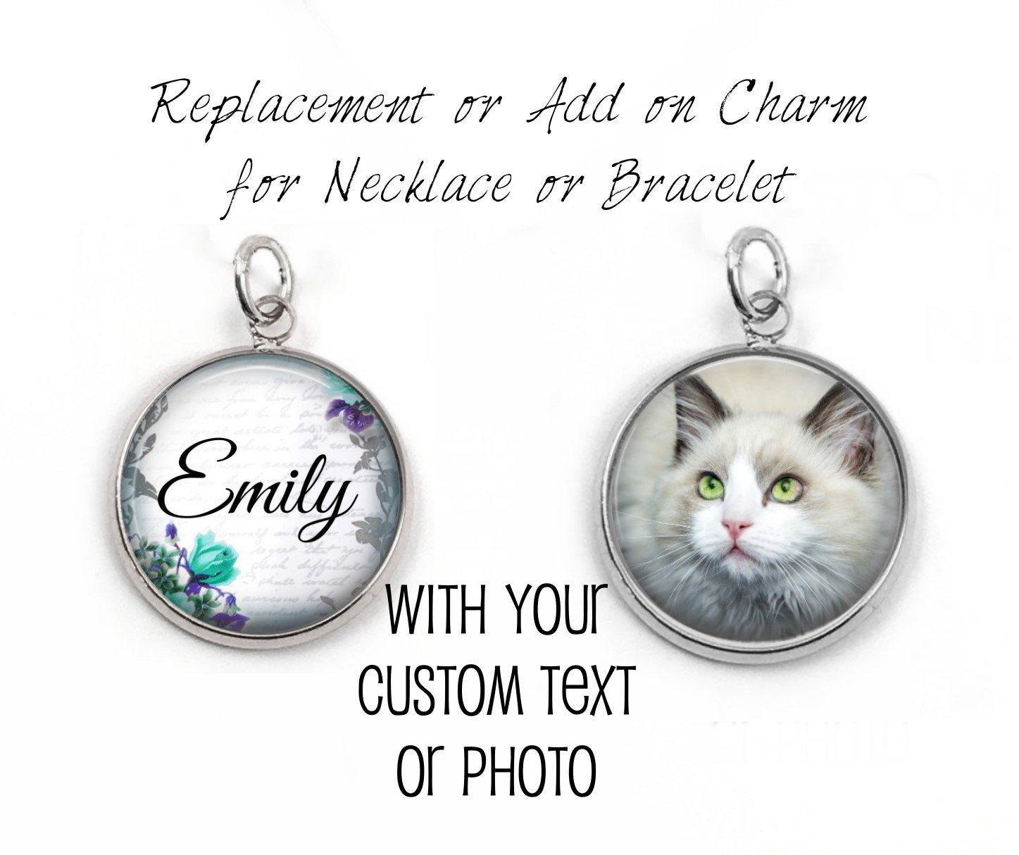 16mm 18mm or 20mm Text or Photo Charm in Rose Gold, Silver, Copper, Stainless Steel - Replacement or Add on Charm for Necklace or Bracelet