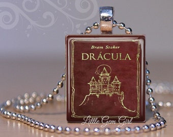 Vintage Bram Stoker Dracula Book Necklace Scrabble Pendant - Halloween Necklace - Vampire Gothic Horror Jewelry