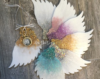 Custom Photo Angel Wing Memorial Ornament - Custom Colors - Rhinestone Picture Charm on Resin Wing for Tree or Cremation Urn