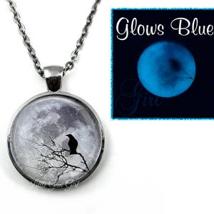 The Raven Glow in the Dark Full Moon Necklace - Glowing Moon Raven Pendant Key Chain Charm - 5 Settings Available