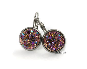 Stainless Steel Rainbow Faux Druzy Earrings - Gold Pink Aqua Druzy Rainbow Glitter Dangle Earrings - Rainbow Drusy Dangle Earrings