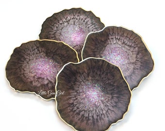 Set of 4 Mauve Brown and Purple Resin Geode Coasters - Faux Agate Slices - Gold Gilded Edging - Epoxy Geode Coasters