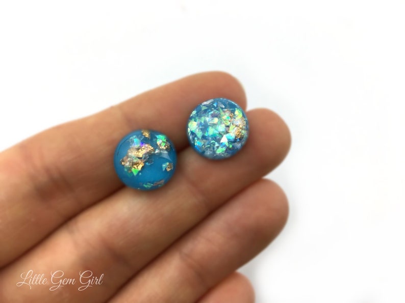12mm Turquoise Blue Gold Leaf Opal Earrings Titanium or Surgical Stainless Steel Nickel Free Iridescent Blue Stud Earrings