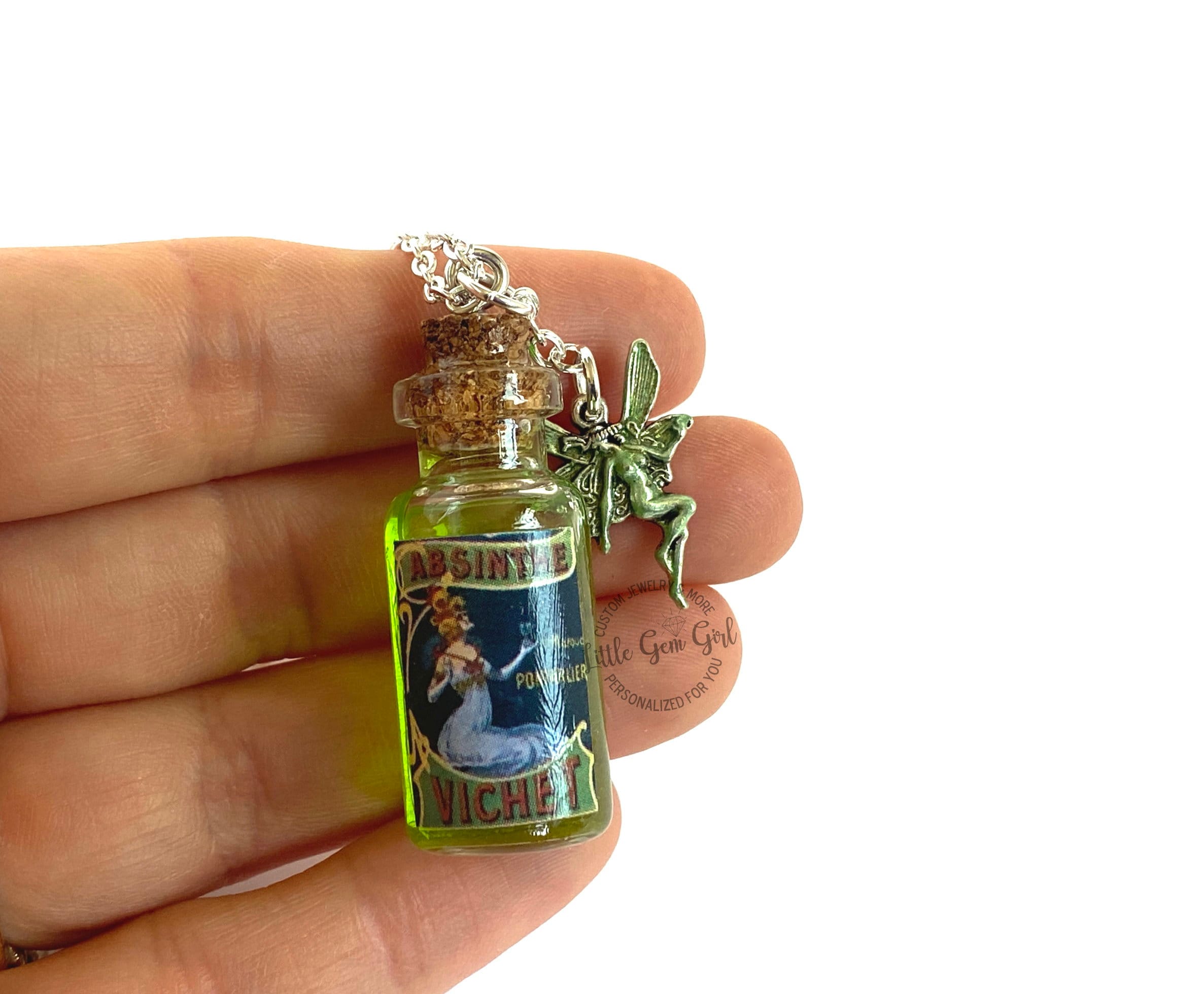 Mini Antique Replica Absinthe Glass Bottle Necklace With Green