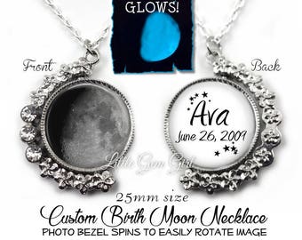 Personalized Glow in the Dark Birth Moon Necklace with Name and Date - 2 Sided Custom Birthday Moon Jewelry - Glowing Moon Phase Pendant