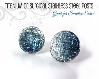 8mm or 12mm Blue Denim Ombre Glitter Studs - Mermaid Blue Glitter Earrings in Titanium or Stainless Steel Small Indigo Silver Crystal Studs