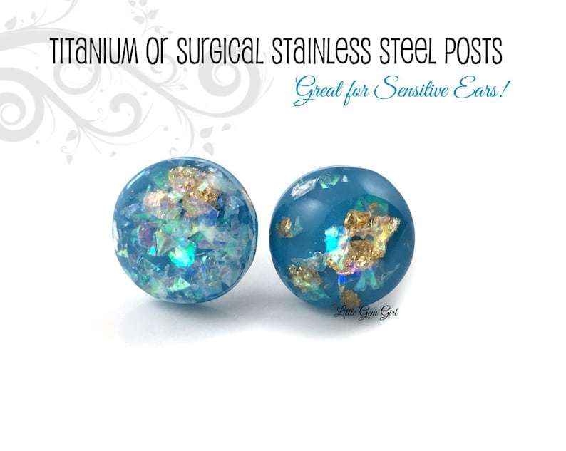 12mm Turquoise Blue Gold Leaf Opal Earrings Titanium or Surgical Stainless Steel Nickel Free Iridescent Blue Stud Earrings