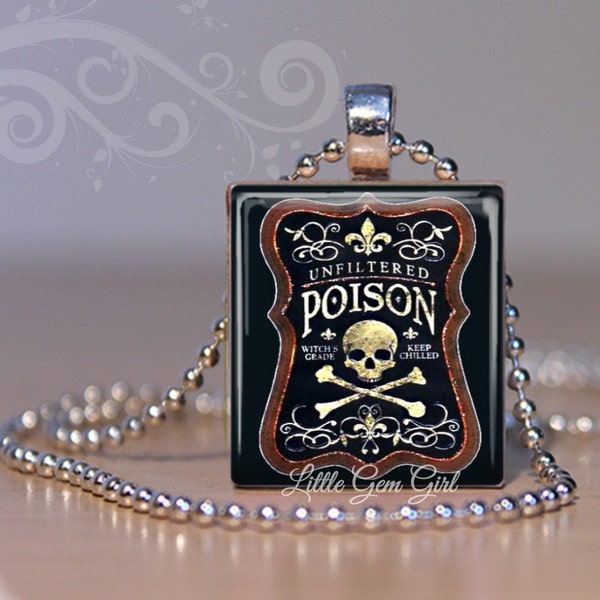 Vintage Poison Bottle Necklace - Skull and Crossbones Poison Scrabble Tile Charm - Halloween Gothic Skeleton Jewelry
