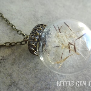 May include: A delicate glass pendant necklace with a bronze chain and a detailed bronze clasp. The pendant contains a dried dandelion with white seeds and brown stems.