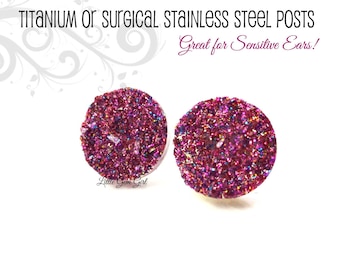 12mm Fuchsia Pink Druzy Earrings - Faux Drusy Stud Earrings - Magenta Rainbow Glitter Studs Titanium or Surgical Stainless Steel