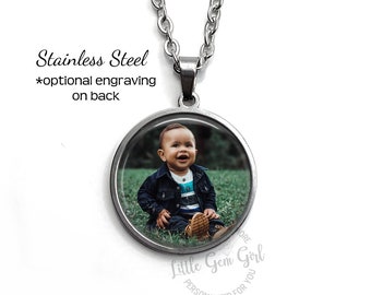 Stainless Steel Engraved Photo Necklace - Custom Picture Necklace - Photo Charm Necklace - Family, Friends, Pets, Necklace with Engraving
