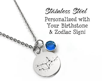 Stainless Steel Custom Birthstone and Zodiac Sign Necklace - Engraved Constellation Necklace - Personalized Zodiac Sign Jewelry