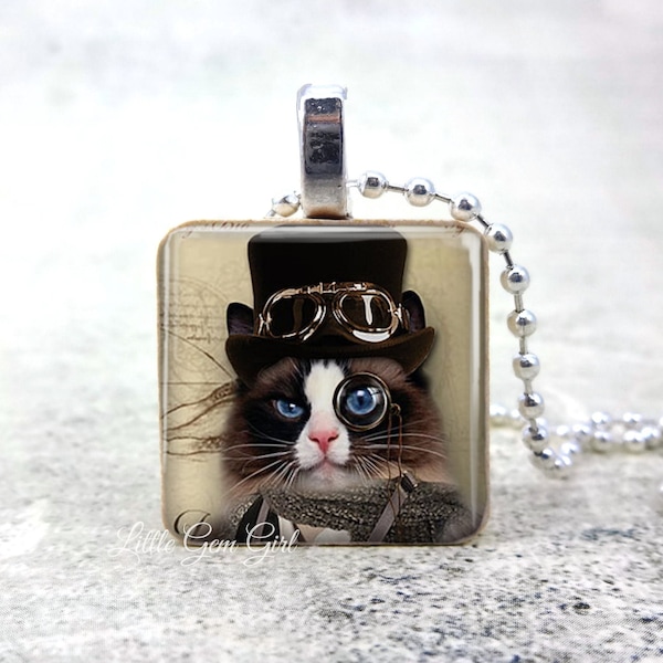 Steampunk Cat Necklace - Cat Lover Jewelry - Wood Tile Pendant - British Fancy Cat Kitten Pendant
