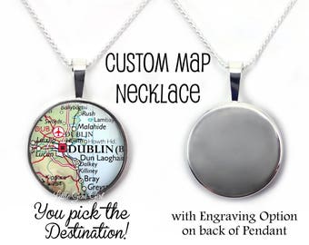 Sterling Silver Custom Map Necklace - You pick the Destination Map Pendant with optional Engraving - Sterling Space Map Jewelry