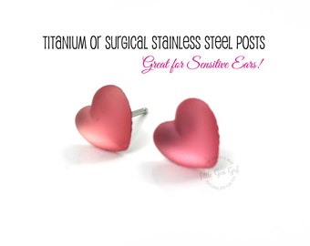 8mm Light Pink Frosted Glass Heart Earrings with Titanium or Stainless Posts for Sensitive Ears - Rose Heart Studs for Valentine's Day Gift
