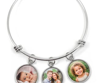 Custom Photo Charm Bracelet, Personalized Picture Bangle with 1–7 Round Charms, Family Pet or Memorial Gift, Stainless Steel Option