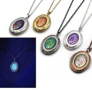 Glowing Dragon Egg Locket - Glow in the Dark Mermaid Scale Necklace - Vintage Victorian Holds 2 Photos - Stainless Steel Option - 18" Chain