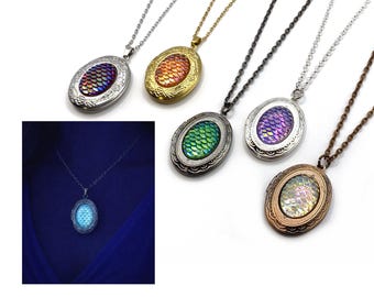 Glowing Dragon Egg Locket - Glow in the Dark Mermaid Scale Necklace - Vintage Victorian Holds 2 Photos - Stainless Steel Option - 18" Chain