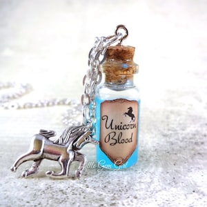 Unicorn Blood Bottle Necklace - Once Upon a Time Unicorn Charm Necklace - Mini Vial Charm - Light Blue Liquid Shimmer - Magic Spell Jewelry