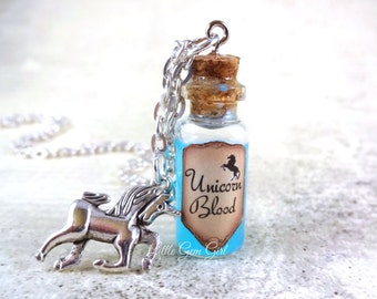 Unicorn Blood Bottle Necklace - Once Upon a Time Unicorn Charm Necklace - Mini Vial Charm - Light Blue Liquid Shimmer - Magic Spell Jewelry