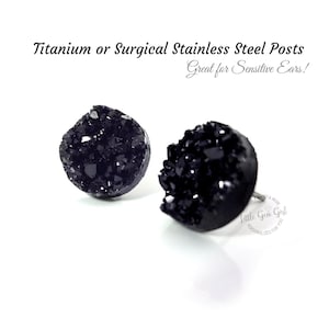 Black Druzy Earrings -  3 sizes - Black Crystal Glitter Studs Faux Drusy Post Earrings -  Titanium or Stainless Steel Studs