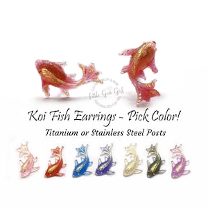 10x15mm Tiny Koi Fish Stud Earrings with Titanium or Stainless Steel Studs for Sensitive Ears - 7 Colors  Available - Good Luck Gift