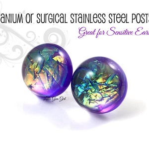 12mm Purple Fire Opal Stud Earrings - Violet Rainbow Color Changing Post Earrings -  Titanium or Stainless Steel Posts, Sensitive Ears