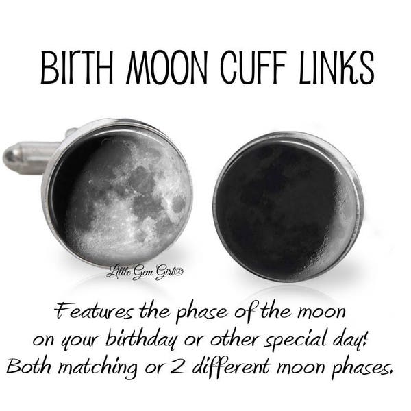 Custom Birth Moon Groom Cuff Links - Personalized Birthday Lunar Phase Cufflinks - Sterling Silver, Stainless Steel, Gold