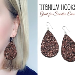 Coffee Brown Leather Teardrop Earrings in Titanium for Sensitive Ears - Dark Chocolate Brown Glitter Teardrop Earrings Hypoallergenic