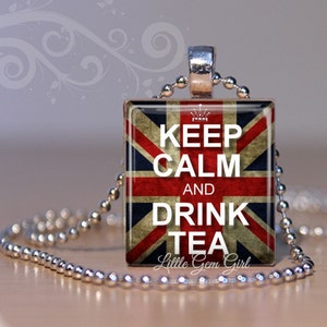 British KEEP CALM and Drink Tea Necklace Pendant - Britain Union Jack Flag Charm - UK Charm - Tea Lover Keep Calm Jewelry