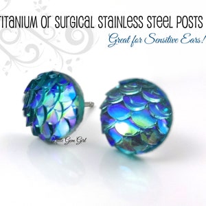 8mm Ocean Blue Mermaid Earrings - Blue Dragon Egg Earrings - Titanium or Stainless Steel Studs - Fantasy Fairy Tale Earrings