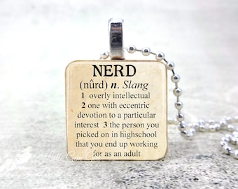 Nerd Necklace Dictionary Definition Funny Nerd Quote Jewelry - Geekery Jewelry - Nerdy Necklace Wood Tile Pendant