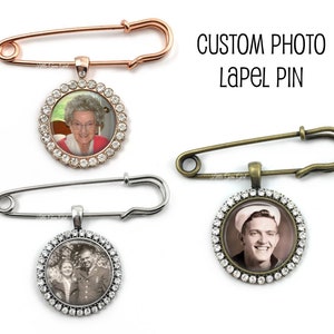 Personalized Groom Lapel Photo Pin - Silver, Bronze or Rose Gold Rhinestone Lapel Pin - Wedding Boutonniere Photo Pendant - Memorial Pin