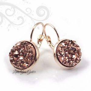 Rose Gold Druzy Earrings - Rose Druzy Dangle Earrings - 7 Metal Finishes - Rose Gold Earrings - Copper Sparkle Druzy Earrings - Faux Druzy