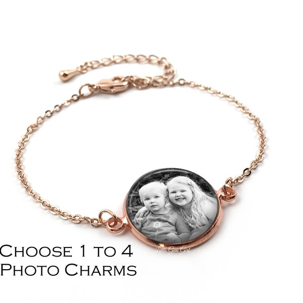 Rose Gold Custom Photo Bracelet with 1 to 4 Picture Charms - Personalized Photo Rose Gold Link Chain Bracelet