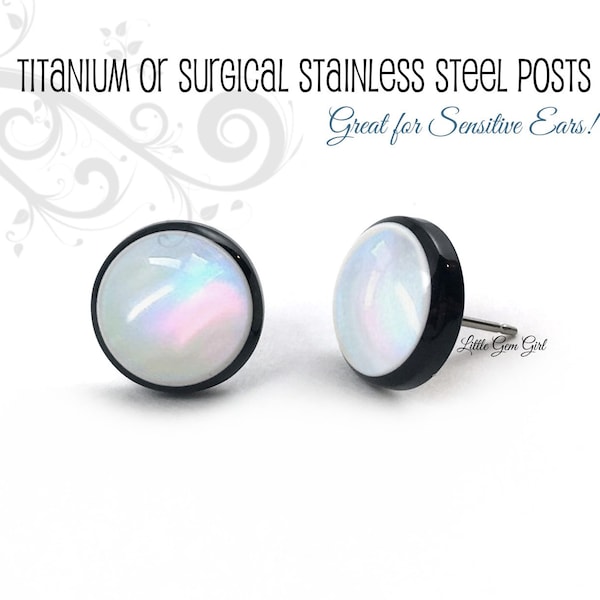 12mm Black and White Pearl Rainbow Stud Earrings - Iridescent White Rainbow Earrings with Titanium or Stainless Steel Posts