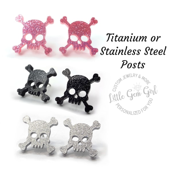 Glittered Skull and Crossbones Stud Earrings with Titanium or Stainless Steel Posts - Silver, Pink or Black Skull Studs, Hypoallergenic