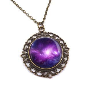 Glow in the Dark Galaxy Jewelry Glowing Purple Galaxy Necklace Outer Space Stars Pendant Vintage Style Bronze Pendant Necklace image 3