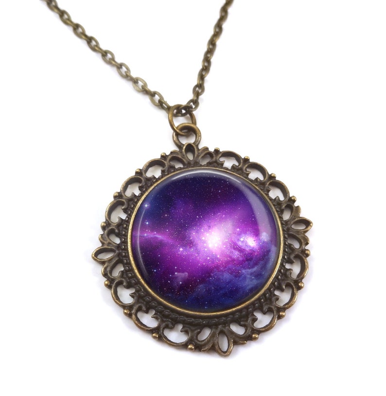 Glow in the Dark Galaxy Jewelry Glowing Purple Galaxy Necklace Outer Space Stars Pendant Vintage Style Bronze Pendant Necklace image 3