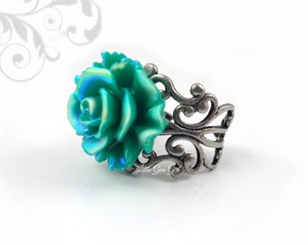 Emerald Green Rose Ring - Iridescent Green Rose Ring with AB effect - 6 Metal Finishes HIGH QUALITY Adjustable Filigree Ring Rose Jewelry