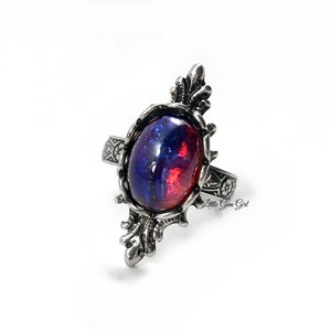 Czech Glass Mexican Fire Opal Ring - Antique Silver Ornate Filigree  Dragons Breath Ring - Unisex Men Women