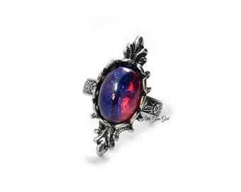 Czech Glass Mexican Fire Opal Ring - Antique Silver Ornate Filigree  Dragons Breath Ring - Unisex Men Women