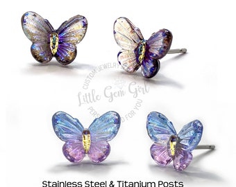 8x10mm Tiny Butterfly Resin Stud Earrings with Titanium or Stainless Steel Posts - Jewel Tone Rainbow Butterflies  - Spring Jewelry Gifts