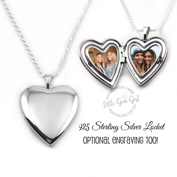 Custom Photo Heart Locket 925 Sterling Silver - Optional Engraving on Front and Back - 2 Picture Charm Necklace - In Memory Memorial Jewelry