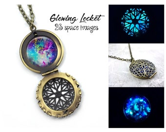 Glow in the Dark Galaxy Necklace - 24 Images Glowing Space Locket Silver, Stainless Steel, Gold etc - Nebula Stars Solar System Glow Jewelry