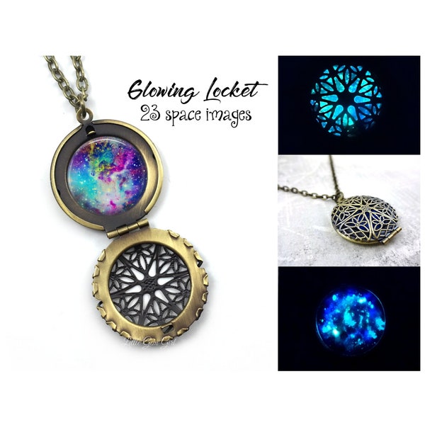 Glow in the Dark Galaxy Necklace - 24 Images Glowing Space Locket Silver, Stainless Steel, Gold etc - Nebula Stars Solar System Glow Jewelry