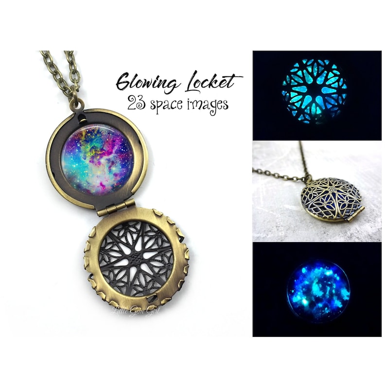 Glow in the Dark Galaxy Necklace 24 Images Glowing Space Locket Silver, Stainless Steel, Gold etc Nebula Stars Solar System Glow Jewelry image 1