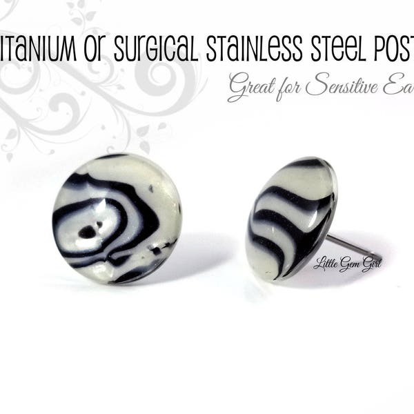 12mm Black and White Zebra Shell Stud Earrings Titanium or Stainless Steel Studs for Sensitive Ears - Zebra Striped Earrings