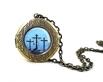Christian Cross Locket - Crucifix Necklace - Cross Jewelry - Round Photo Locket - Confirmation Jewelry